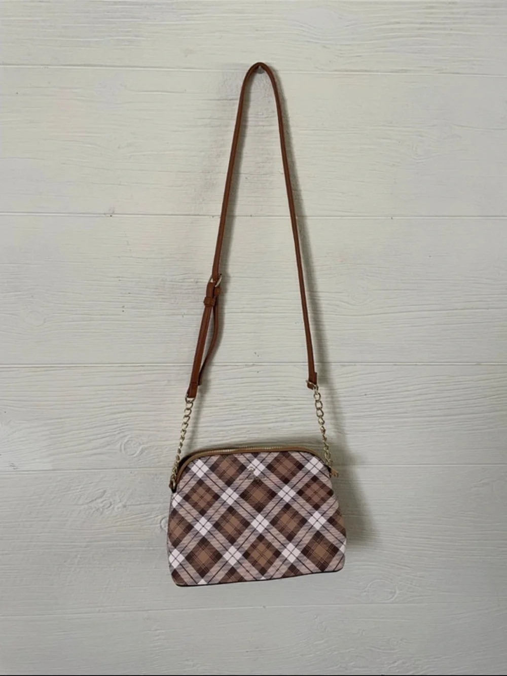 Nanette Lepore Brown & Pink Plaid Crossbody Bag